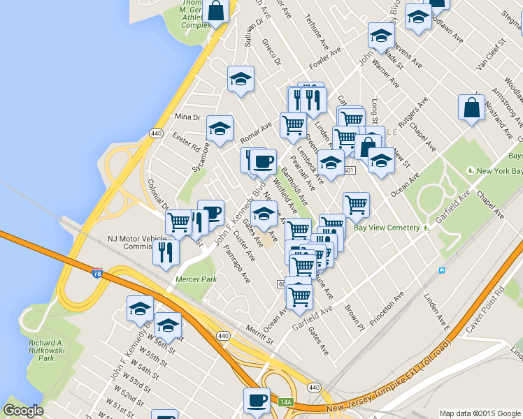map of restaurants, bars, coffee shops, grocery stores, and more near 213 Seaview Avenue in Jersey City