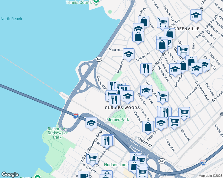 map of restaurants, bars, coffee shops, grocery stores, and more near 14 Sycamore Road in Bayonne