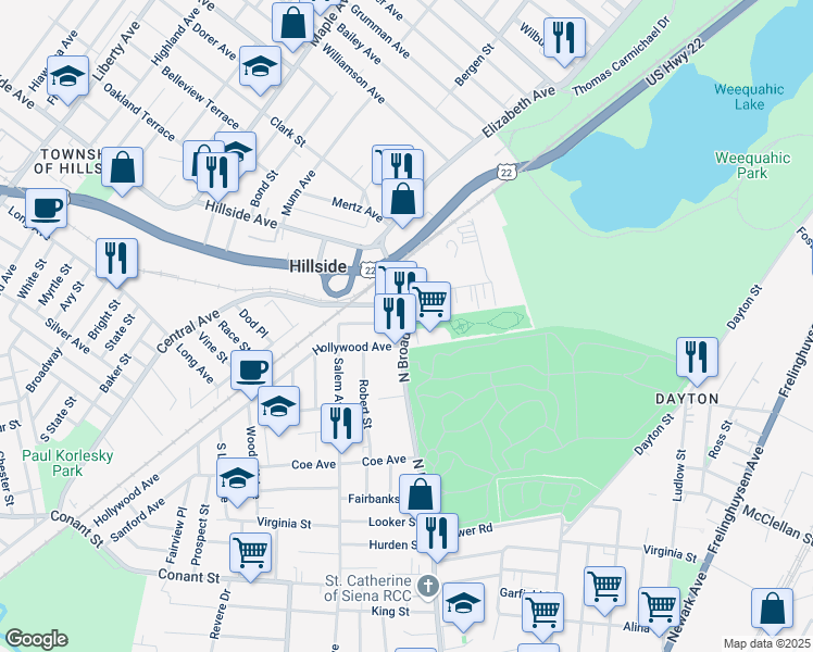 map of restaurants, bars, coffee shops, grocery stores, and more near in Hillside