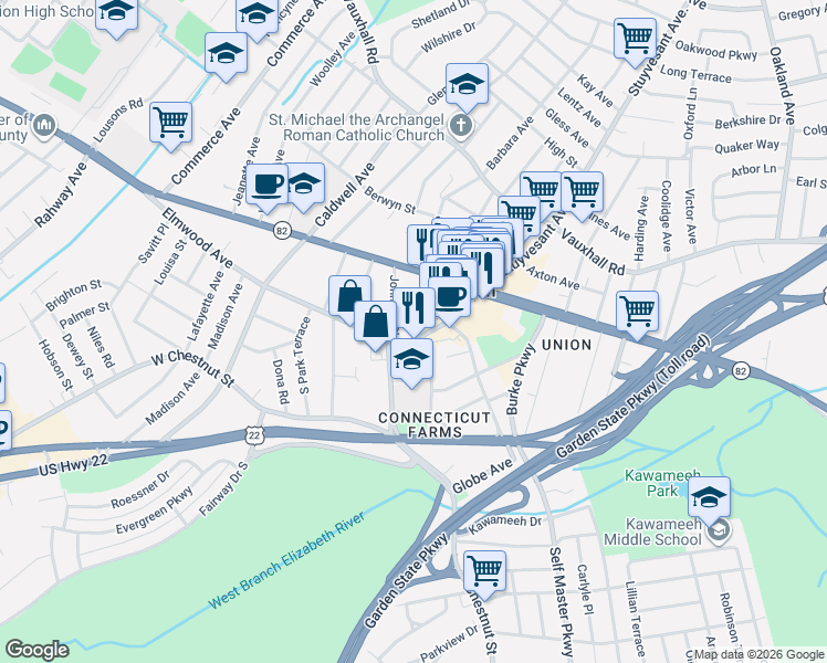 map of restaurants, bars, coffee shops, grocery stores, and more near 930 Stuyvesant Avenue in Union