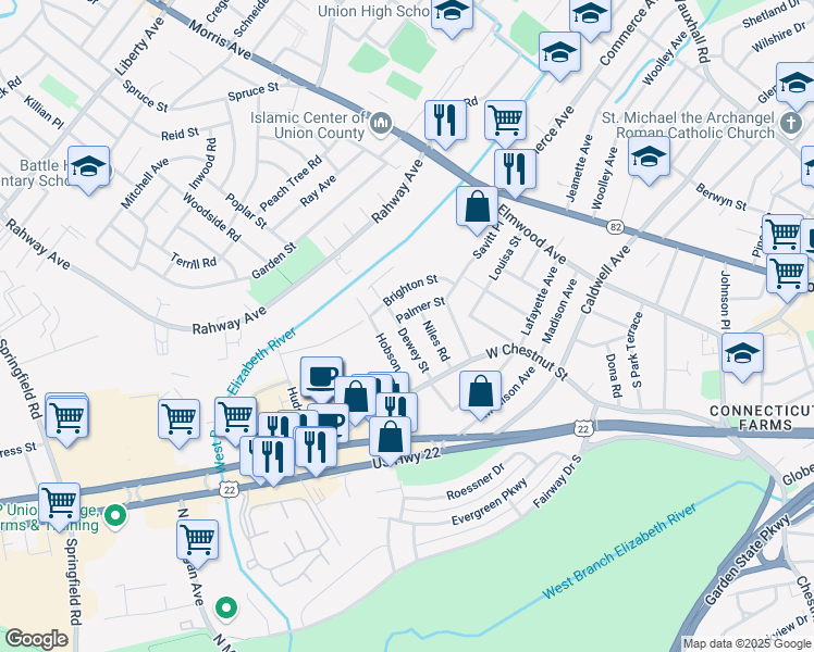 map of restaurants, bars, coffee shops, grocery stores, and more near 858 Dewey Street in Union