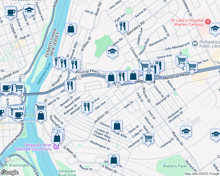 map of restaurants, bars, coffee shops, grocery stores, and more near 210 Summit Avenue in Phillipsburg