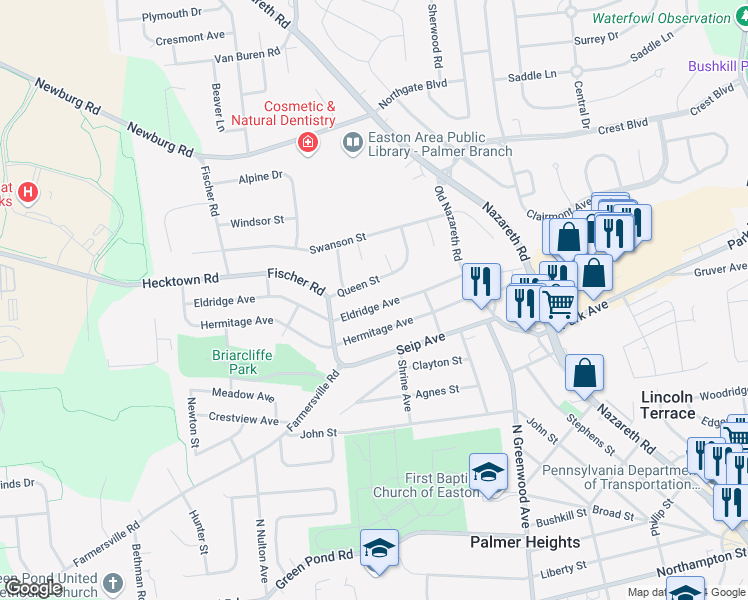 map of restaurants, bars, coffee shops, grocery stores, and more near 2650 Eldridge Avenue in Easton