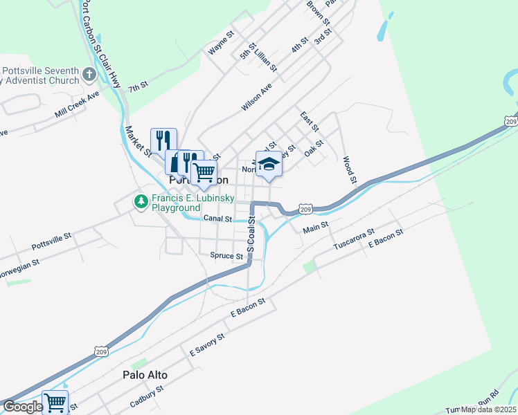 map of restaurants, bars, coffee shops, grocery stores, and more near 253 Pike Street in Port Carbon