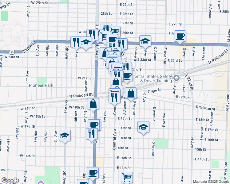 map of restaurants, bars, coffee shops, grocery stores, and more near 2-98 W Railroad St in Kearney