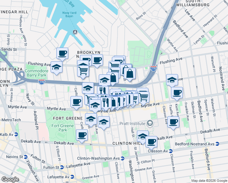 map of restaurants, bars, coffee shops, grocery stores, and more near 83 Waverly Avenue in Brooklyn