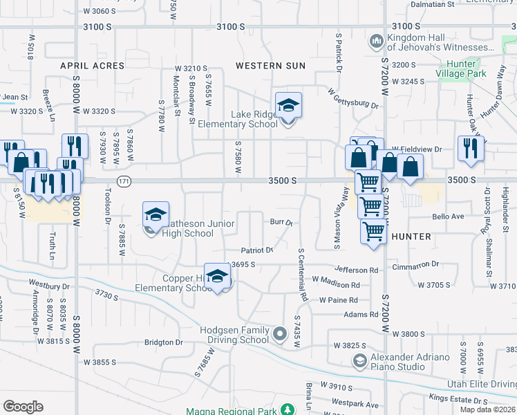 map of restaurants, bars, coffee shops, grocery stores, and more near 7528 W 3560 S in Magna
