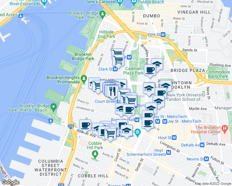 map of restaurants, bars, coffee shops, grocery stores, and more near Pierrepont St & Monroe Place in Brooklyn