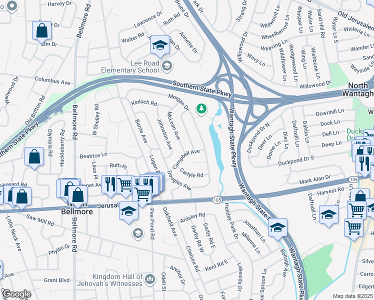 map of restaurants, bars, coffee shops, grocery stores, and more near 2927 Campbell Avenue in Wantagh