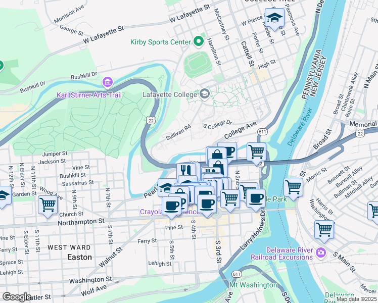 map of restaurants, bars, coffee shops, grocery stores, and more near 400 Bushkill Drive in Easton