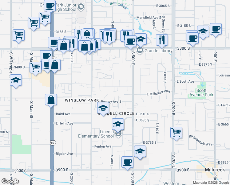 map of restaurants, bars, coffee shops, grocery stores, and more near 3512 South Penney Cove in South Salt Lake