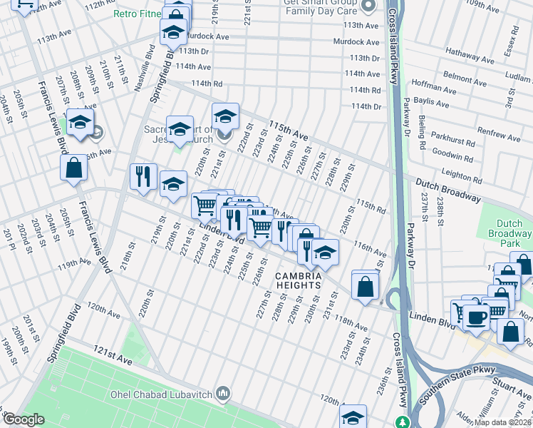 map of restaurants, bars, coffee shops, grocery stores, and more near 116-18 225th Street in Queens