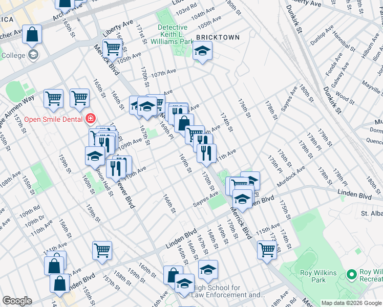 map of restaurants, bars, coffee shops, grocery stores, and more near 110-19 169th Street in Queens