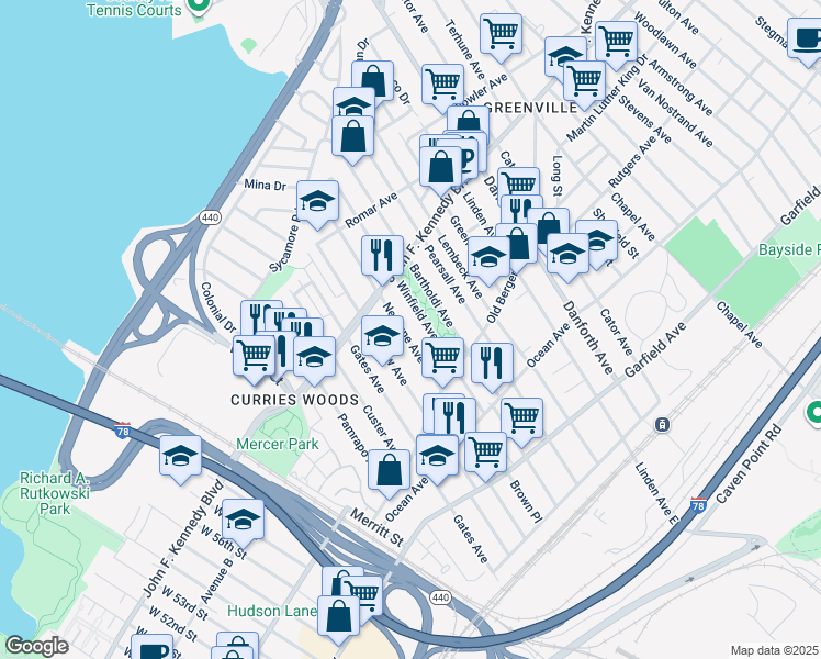 map of restaurants, bars, coffee shops, grocery stores, and more near 190 Neptune Avenue in Jersey City