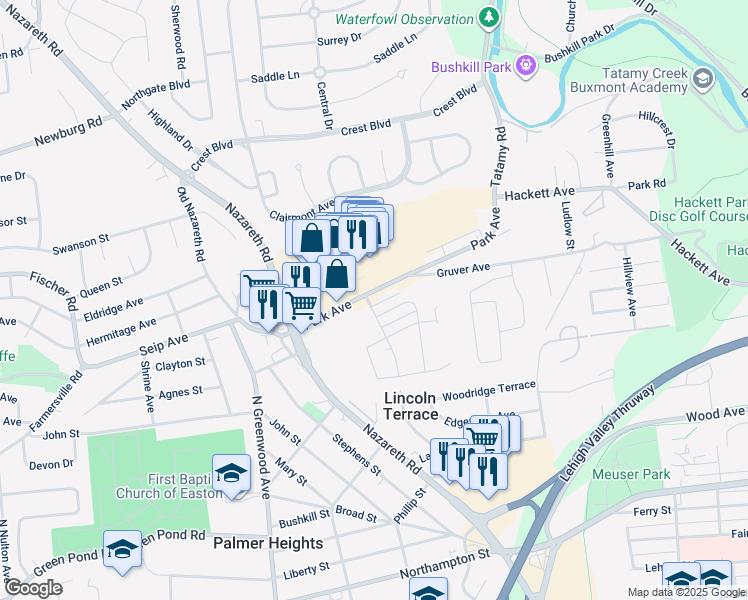 map of restaurants, bars, coffee shops, grocery stores, and more near 2420 Park Avenue in Easton