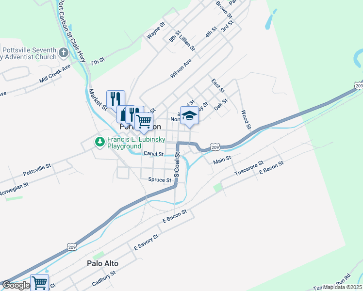 map of restaurants, bars, coffee shops, grocery stores, and more near 243 Pike Street in Port Carbon
