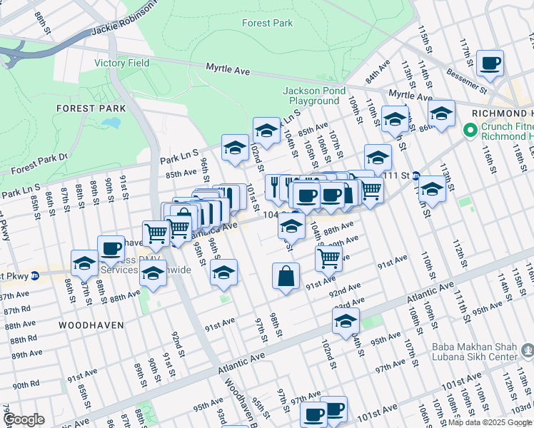map of restaurants, bars, coffee shops, grocery stores, and more near 101-11 Jamaica Avenue in Queens