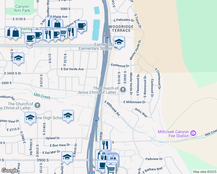 map of restaurants, bars, coffee shops, grocery stores, and more near 3543 East Millstream Drive in Salt Lake City