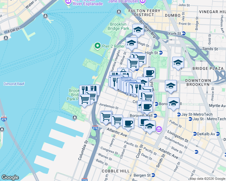 map of restaurants, bars, coffee shops, grocery stores, and more near 68 Montague Street in Brooklyn