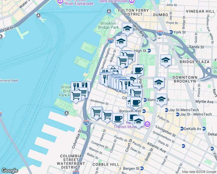 map of restaurants, bars, coffee shops, grocery stores, and more near Hicks Street & Montague Street in Brooklyn