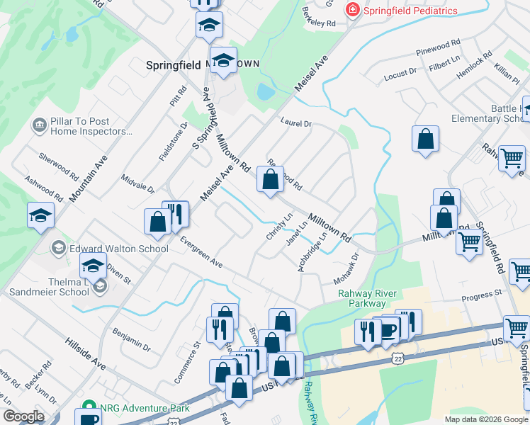 map of restaurants, bars, coffee shops, grocery stores, and more near 22 Woodside Road in Springfield