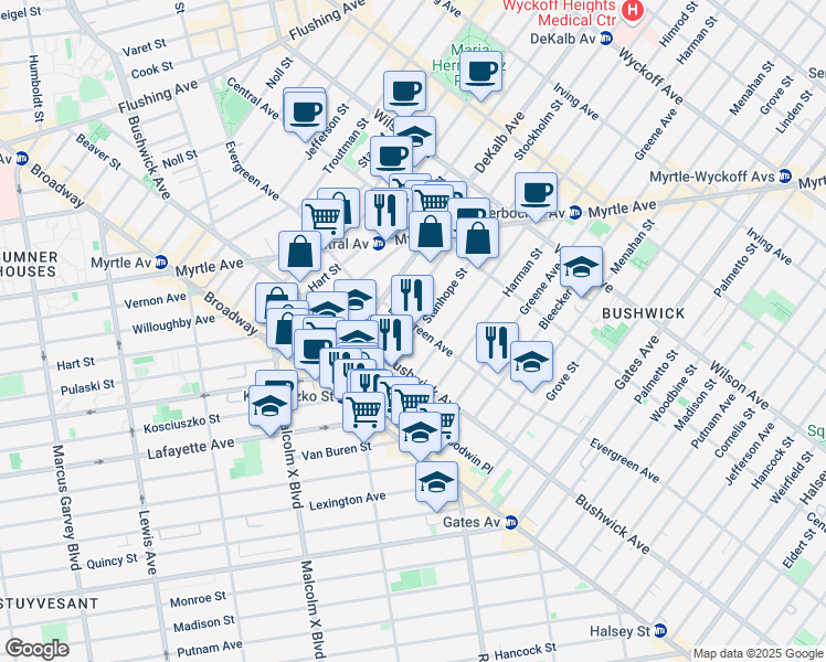 map of restaurants, bars, coffee shops, grocery stores, and more near 28 Stanhope Street in Brooklyn