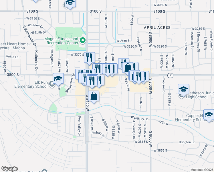 map of restaurants, bars, coffee shops, grocery stores, and more near in Magna