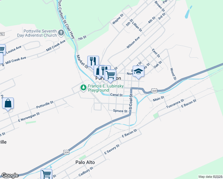 map of restaurants, bars, coffee shops, grocery stores, and more near 213 Pike Street in Port Carbon