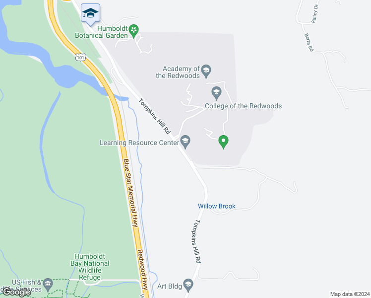 map of restaurants, bars, coffee shops, grocery stores, and more near 7351 Tompkins Hill Road in Eureka