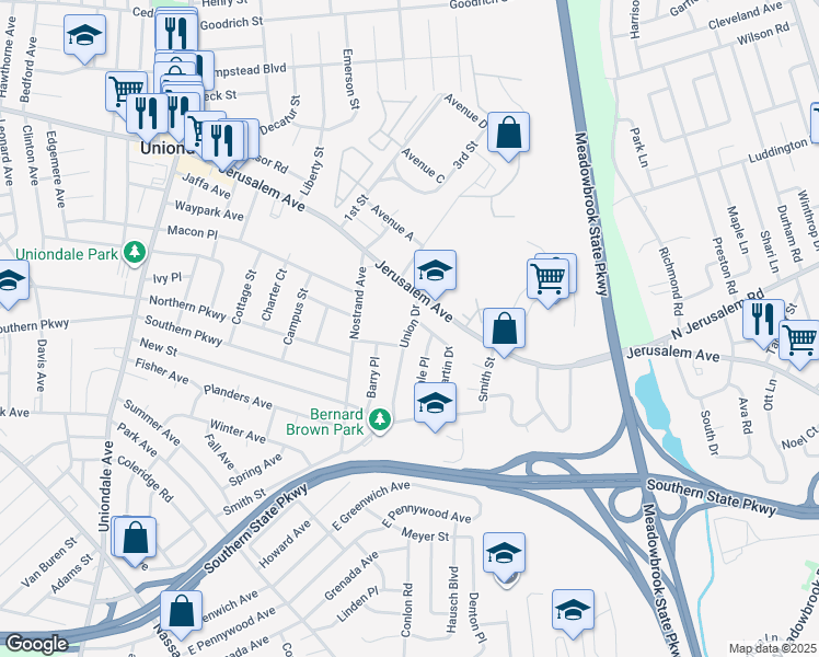 map of restaurants, bars, coffee shops, grocery stores, and more near Union Drive in Uniondale