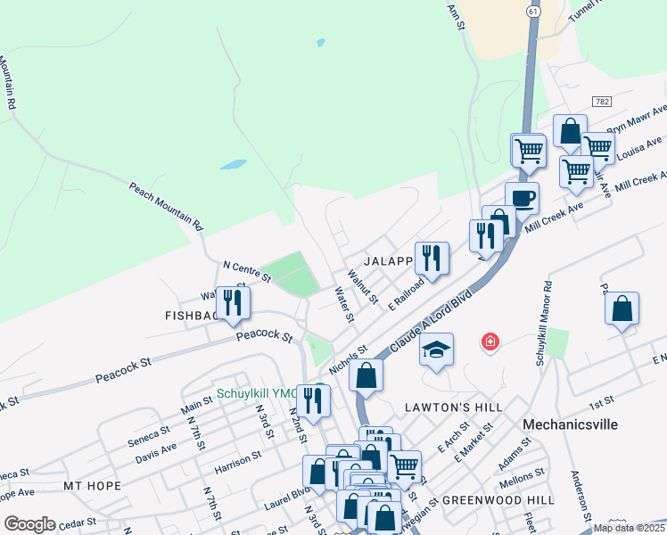 map of restaurants, bars, coffee shops, grocery stores, and more near 736 Water Street in Pottsville