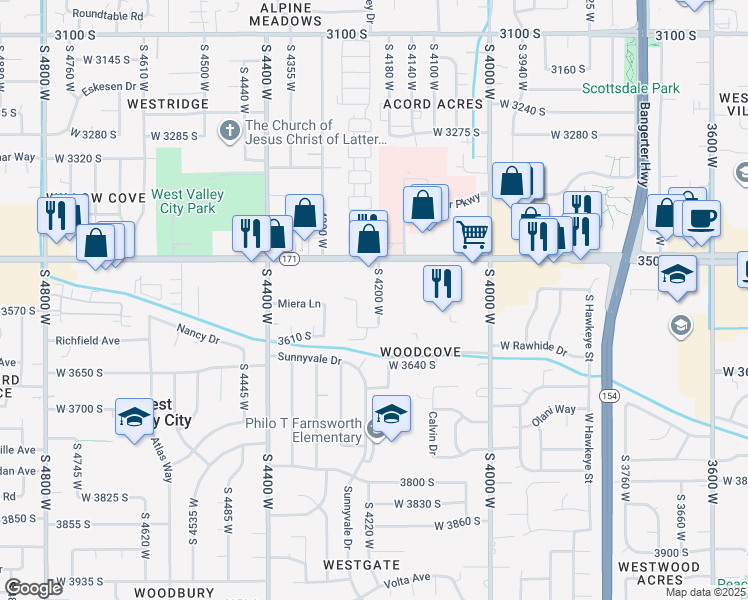 map of restaurants, bars, coffee shops, grocery stores, and more near 3588 South 4200 West in West Valley City