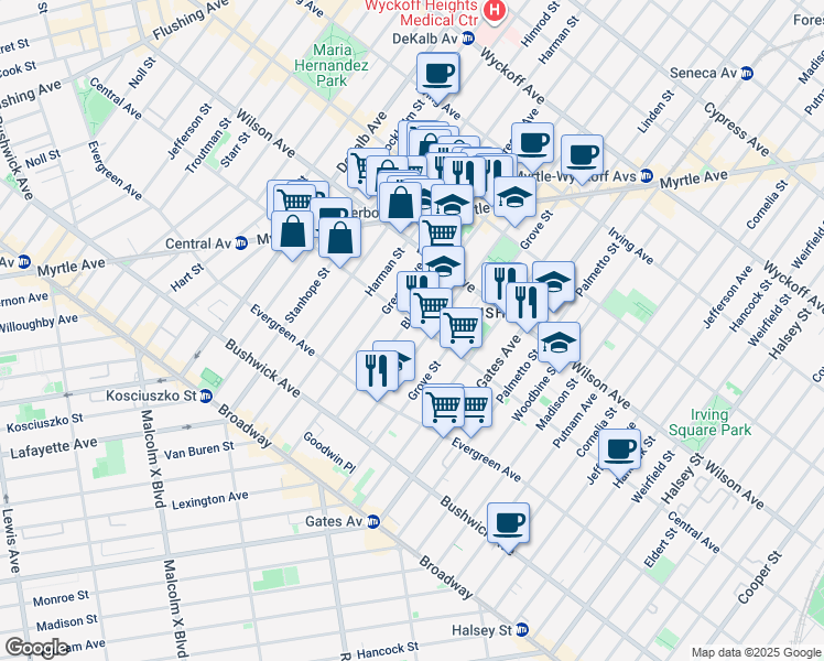 map of restaurants, bars, coffee shops, grocery stores, and more near 344 Central Avenue in Brooklyn