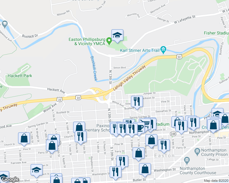 map of restaurants, bars, coffee shops, grocery stores, and more near 1234 Chidsey Street in Easton