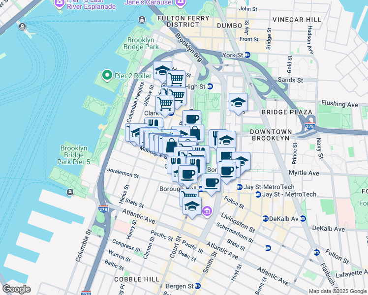 map of restaurants, bars, coffee shops, grocery stores, and more near 129 Pierrepont Street in Brooklyn