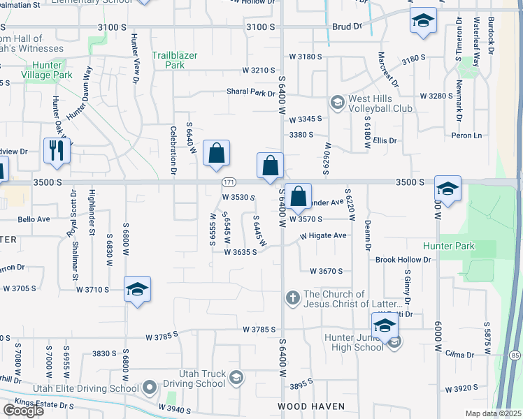 map of restaurants, bars, coffee shops, grocery stores, and more near 3555 South 6470 West in West Valley City