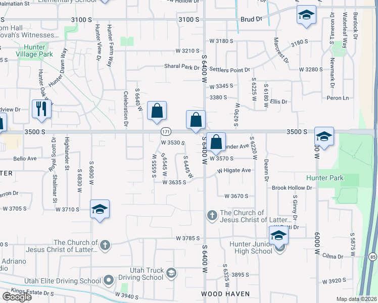 map of restaurants, bars, coffee shops, grocery stores, and more near 3555 South 6470 West in West Valley City