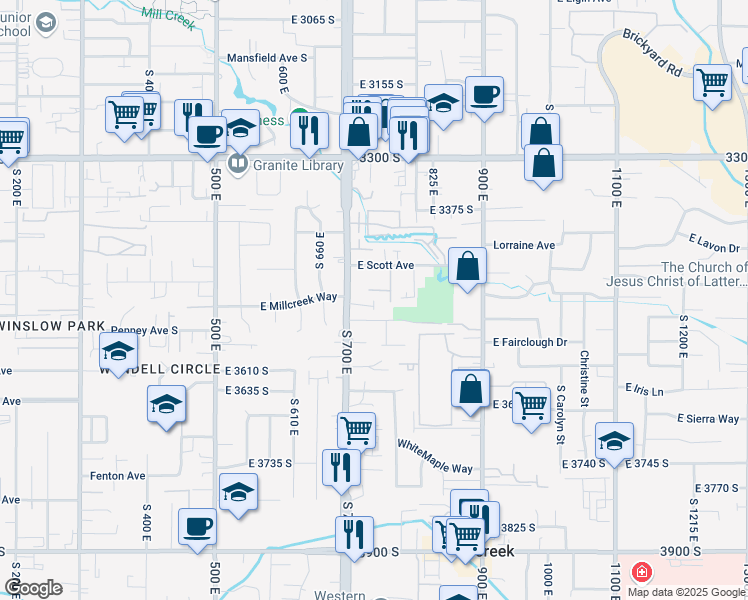 map of restaurants, bars, coffee shops, grocery stores, and more near 741 Nichols Cove in Millcreek