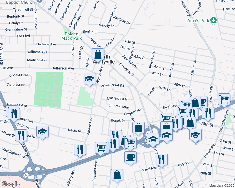 map of restaurants, bars, coffee shops, grocery stores, and more near 12 Emerald Lane North in Amityville