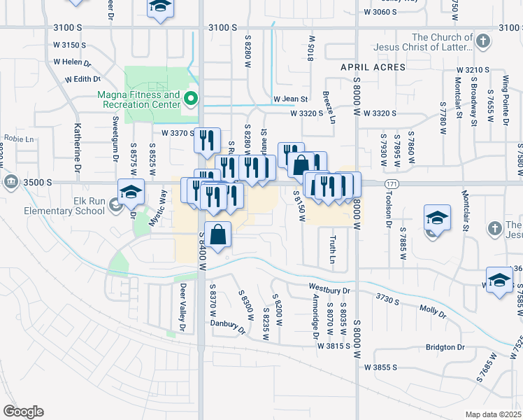 map of restaurants, bars, coffee shops, grocery stores, and more near 8254 Cascade View Way in Magna