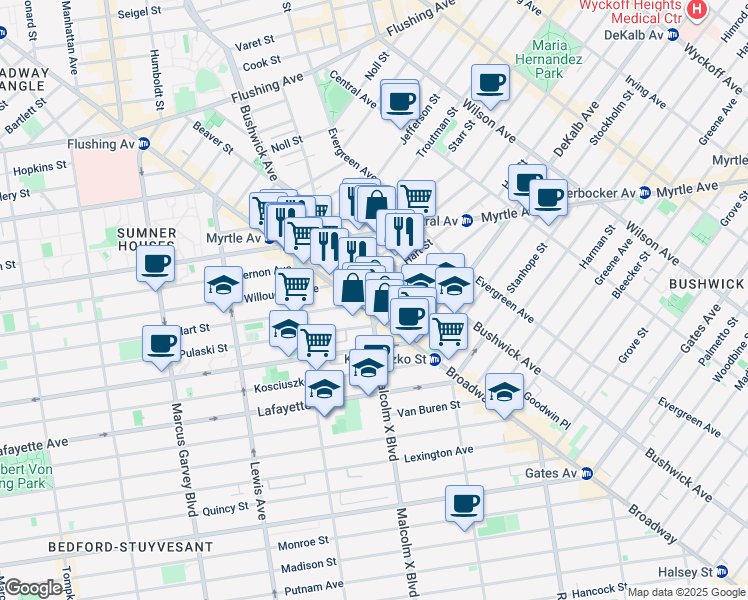 map of restaurants, bars, coffee shops, grocery stores, and more near 1050 Broadway in Brooklyn