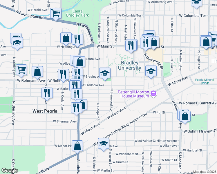 map of restaurants, bars, coffee shops, grocery stores, and more near 1604 West Fredonia Avenue in Peoria