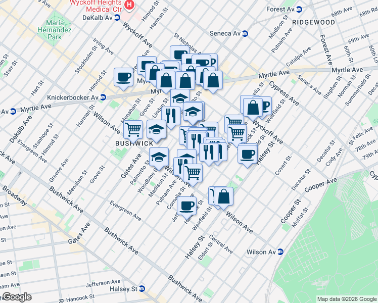 map of restaurants, bars, coffee shops, grocery stores, and more near 640 Knickerbocker Avenue in Brooklyn