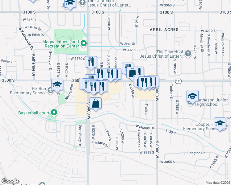 map of restaurants, bars, coffee shops, grocery stores, and more near 3570 Kingsburg Cove in Magna