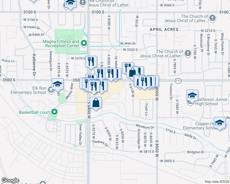 map of restaurants, bars, coffee shops, grocery stores, and more near 3570 Kingsburg Cove in Magna