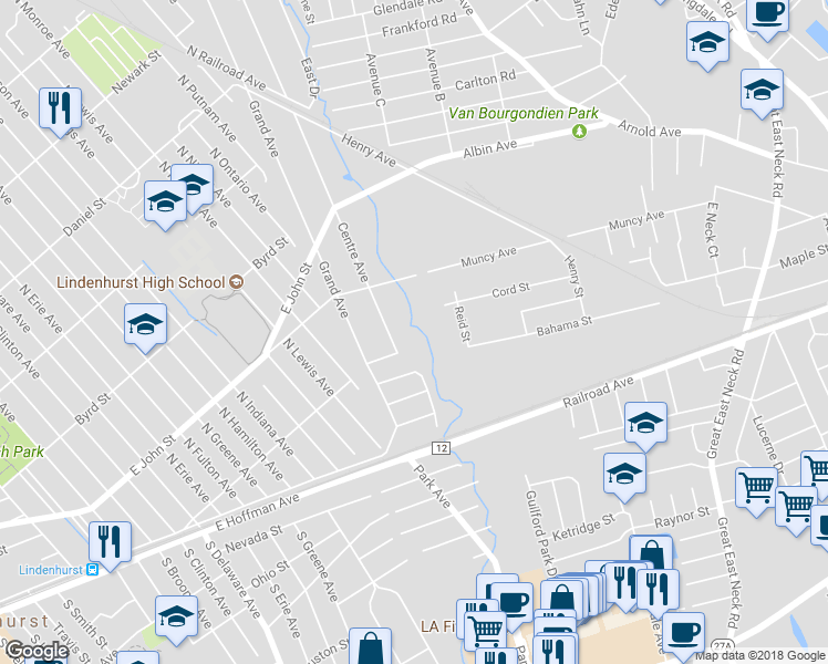 map of restaurants, bars, coffee shops, grocery stores, and more near 122 Centre Avenue in Lindenhurst