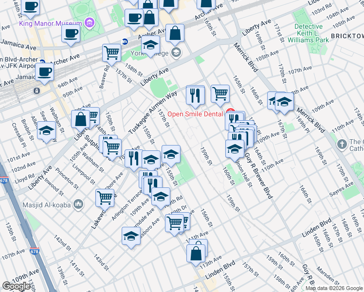 map of restaurants, bars, coffee shops, grocery stores, and more near 107-55 157th Street in Queens