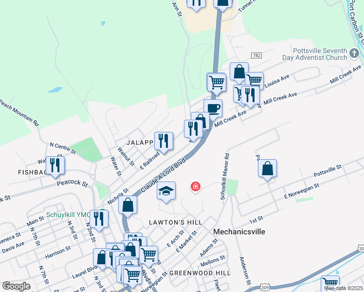 map of restaurants, bars, coffee shops, grocery stores, and more near 460 Nichols Street in Pottsville