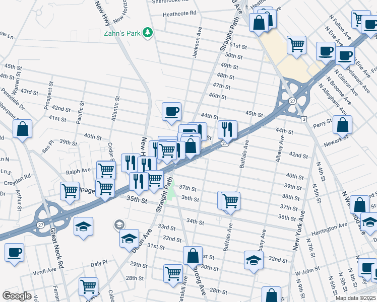 map of restaurants, bars, coffee shops, grocery stores, and more near 446-500 Straight Path in Lindenhurst