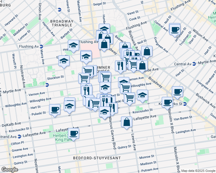 map of restaurants, bars, coffee shops, grocery stores, and more near 734 Willoughby Avenue in Brooklyn